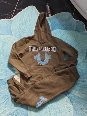 True Religion Kids Olive Green Hoodie and Jogger Set with Denim Patch
